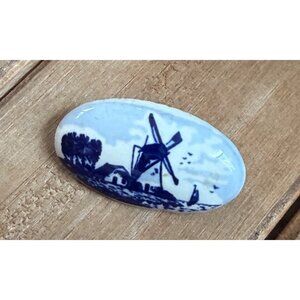 Vintage Blue Ceramic Pin With Windmill Scene Oval Shaped Brooch In Case